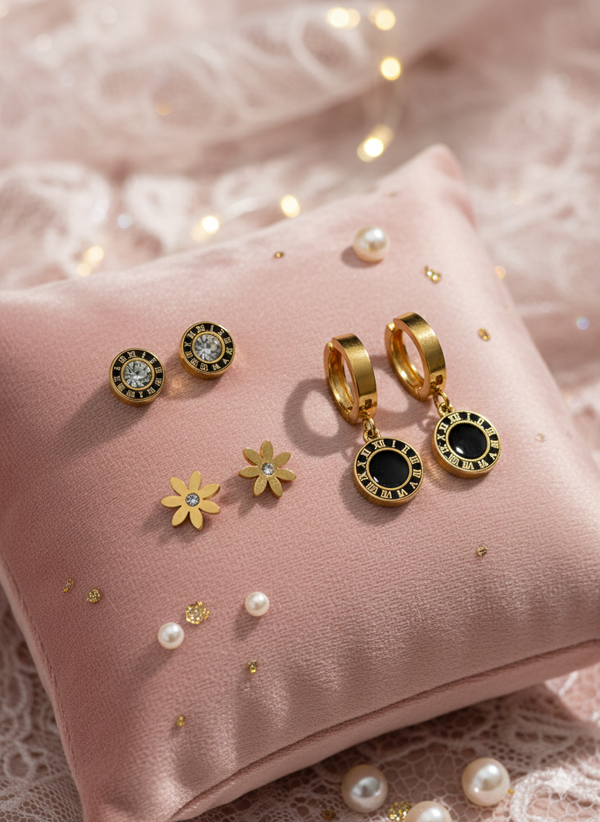 Gold Earring Set - 3 Pairs Roman Numeral & Flower Studs Collection