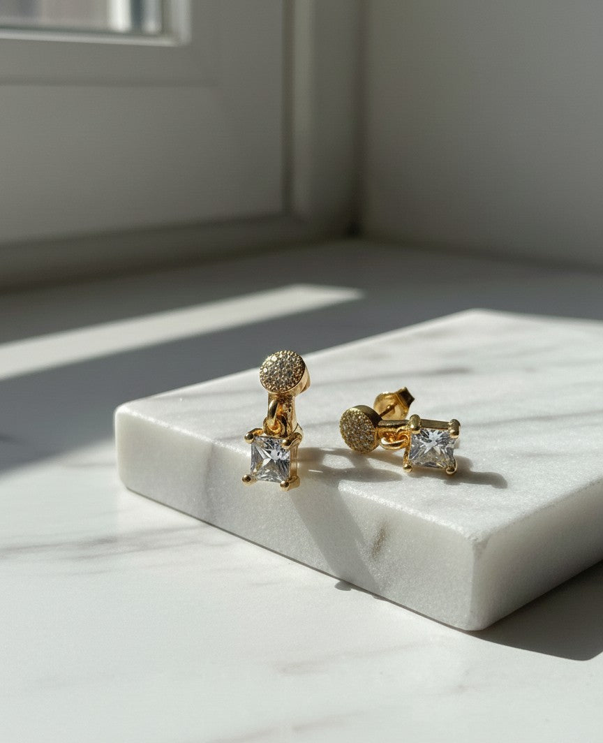 Princess Cut Crystal Gold-Plated Drop Earrings - Elegant Stud Earrings