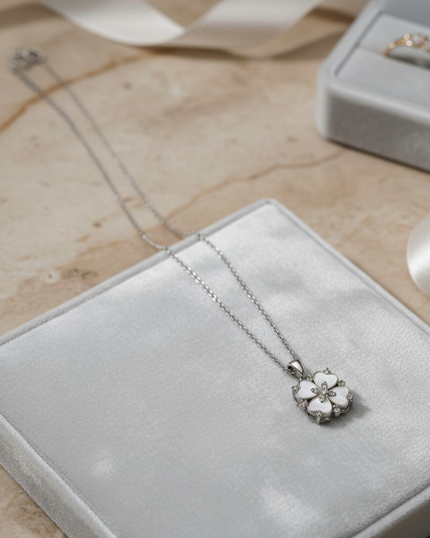 White Flower Pendant Silver Necklace