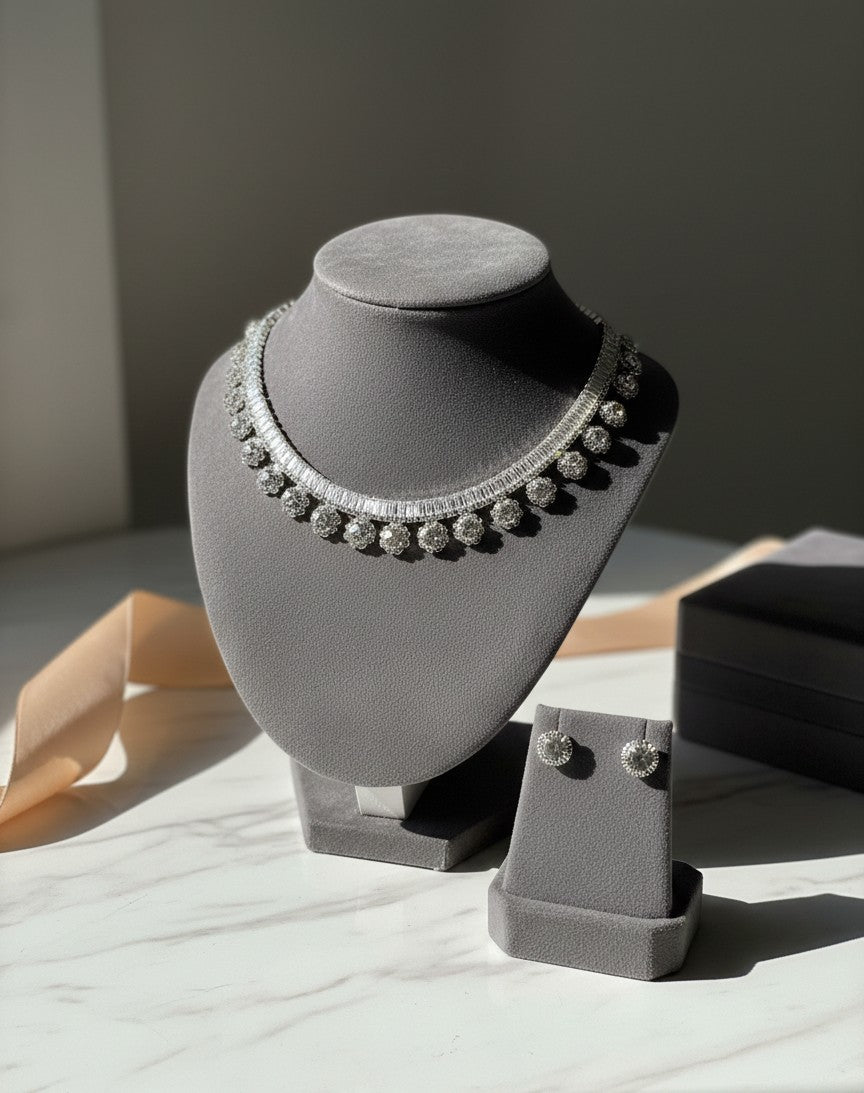 Silver Crystal Statement Necklace Set