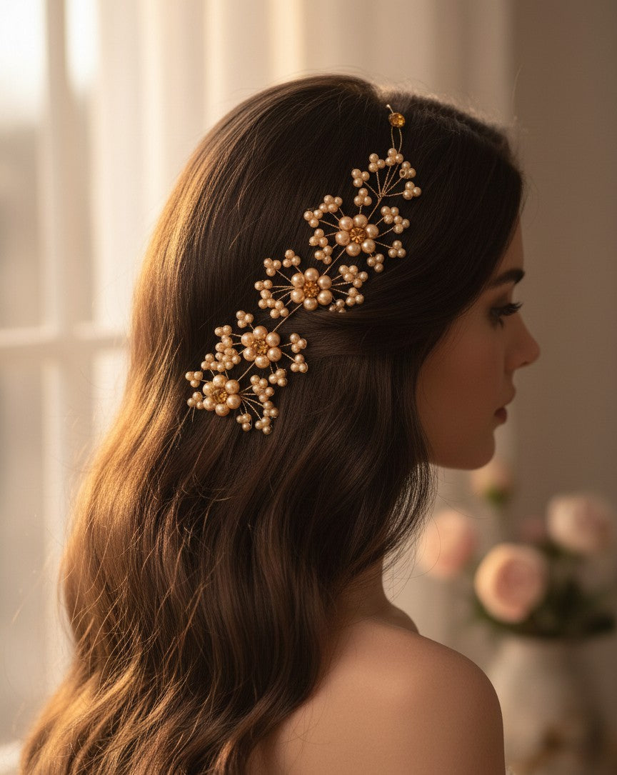 Gold Pearl Flower Hair Accessory