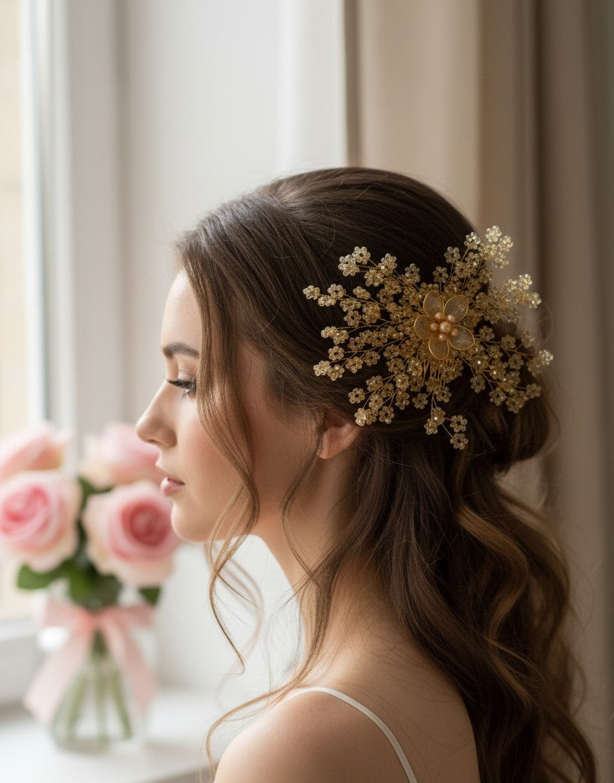 Gold Crystal Flower Hair Accessory