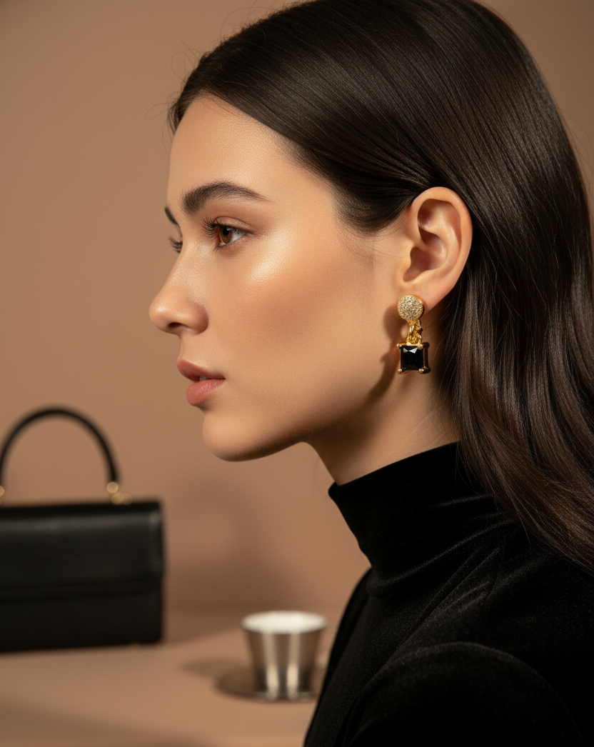 Black Square Gold-Plated Drop Earrings