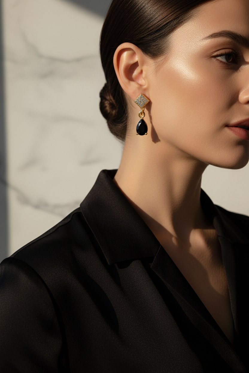 Black Teardrop Gold-Plated Drop Earrings
