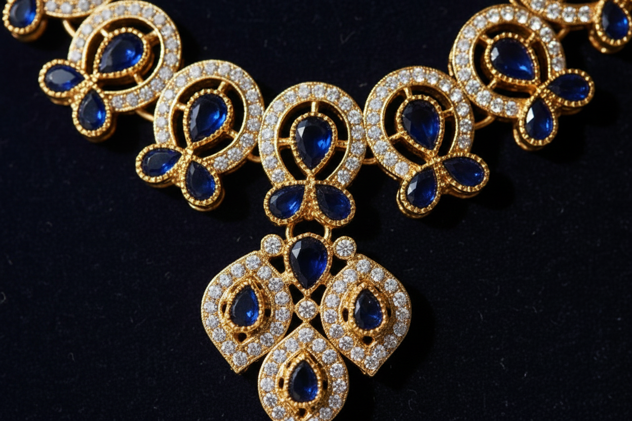 Detail shot of blue sapphire kundan work