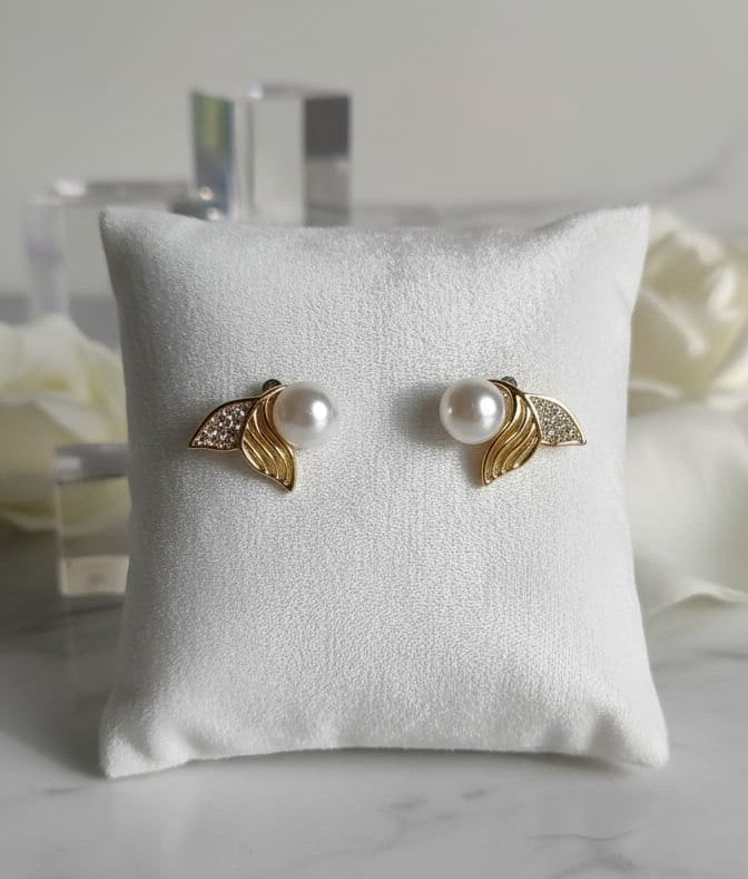 Pearl & Gold Wing Earrings - Elegant Stud Earrings