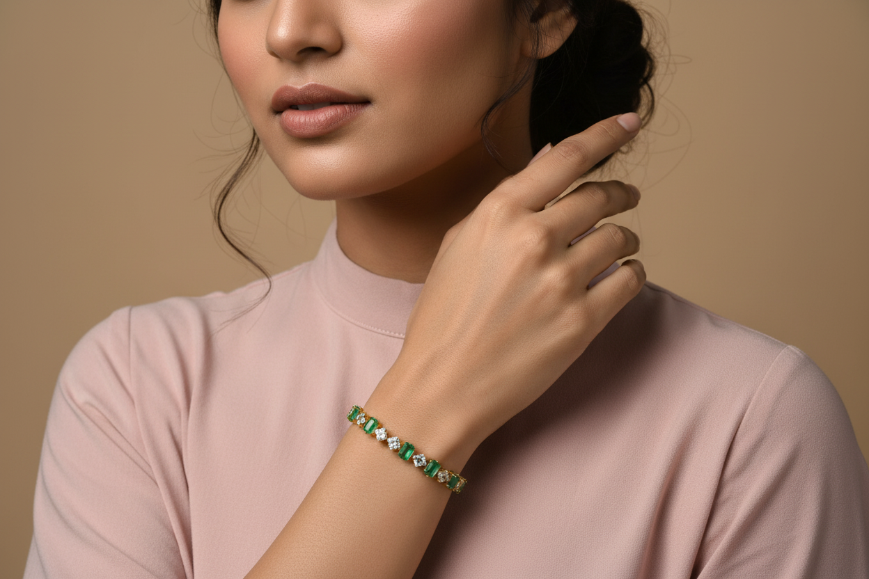 Emerald crystal bracelet worn by model - editorial jewelry photography