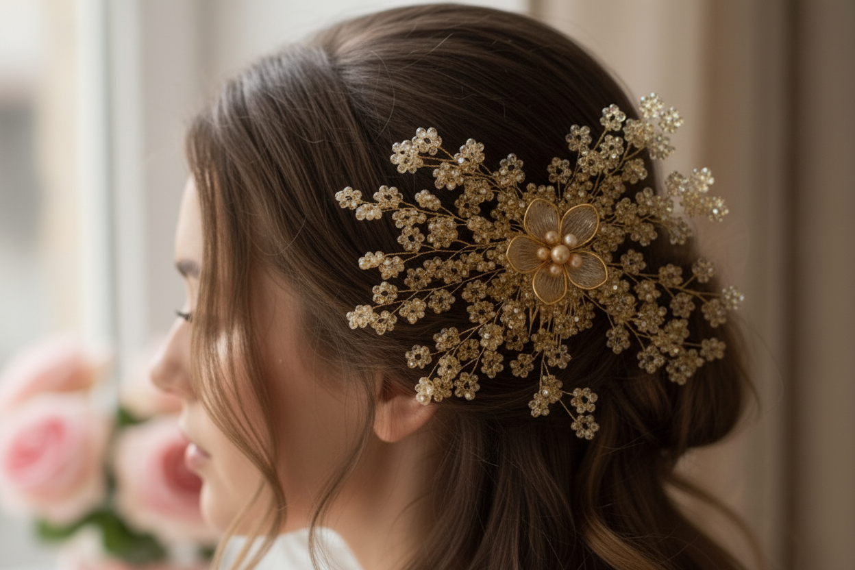 Close-up detail of gold flower with crystals and pearls