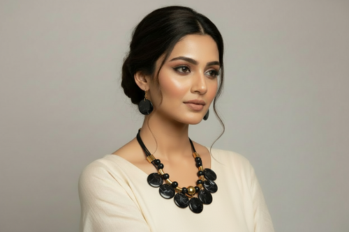 Black and gold jewelry set worn by model - editorial jewelry photography