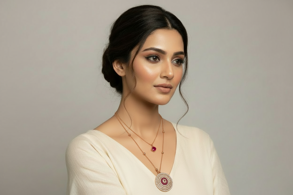 Layered ruby crystal necklace worn by model - editorial jewelry photography