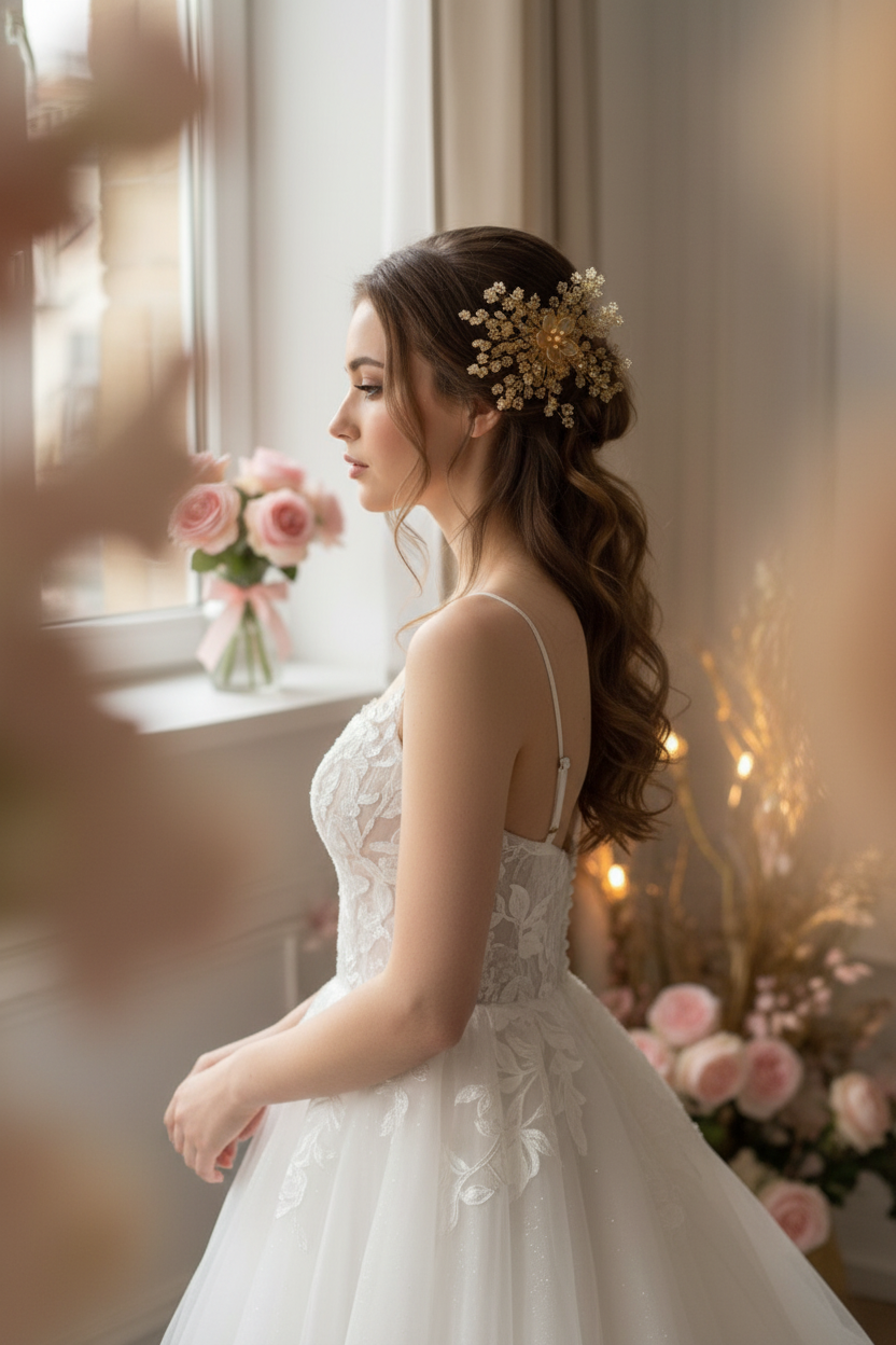 Bride wearing gold crystal flower hair accessory
