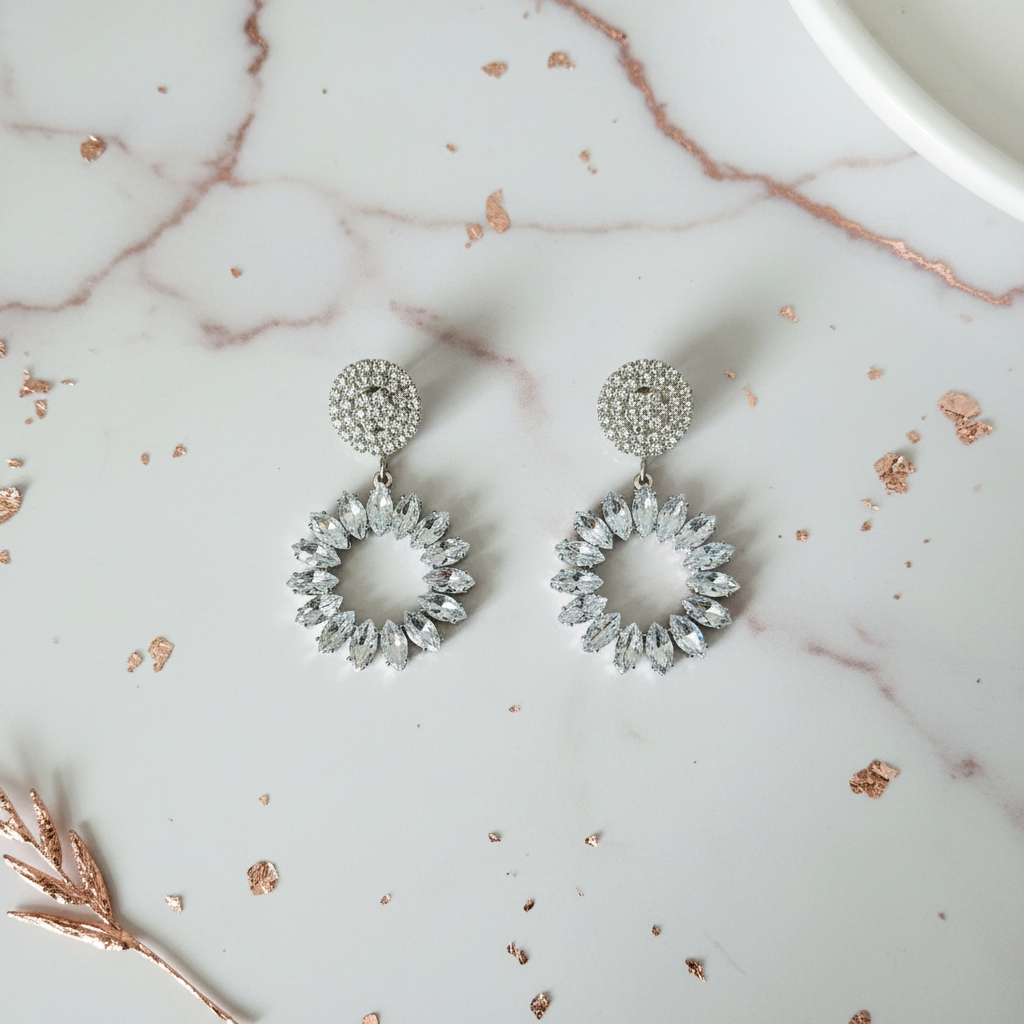 Flat lay product photography of crystal earrings