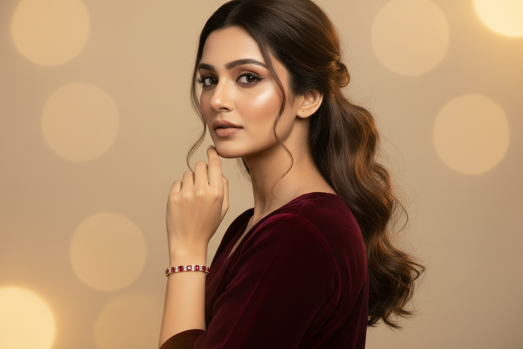 South Asian model wearing ruby crystal tennis bracelet with burgundy velvet kurta