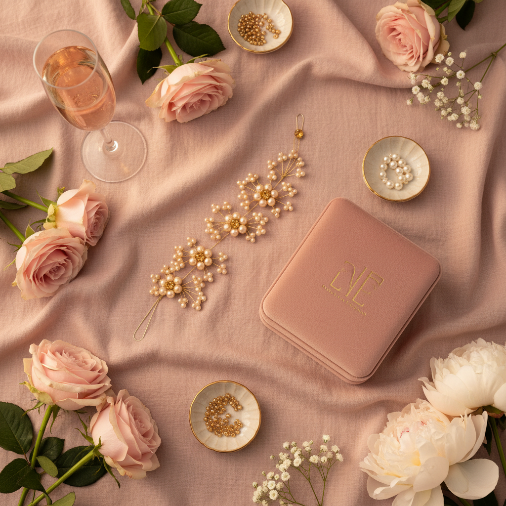 Gold pearl hair accessory styled with luxury packaging