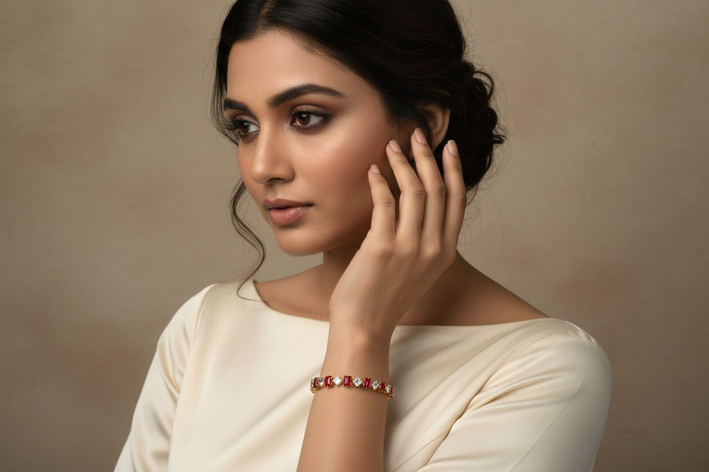 Ruby crystal bracelet worn by model - editorial jewelry photography