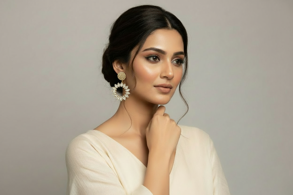 Crystal wreath earrings worn by model - editorial jewelry photography