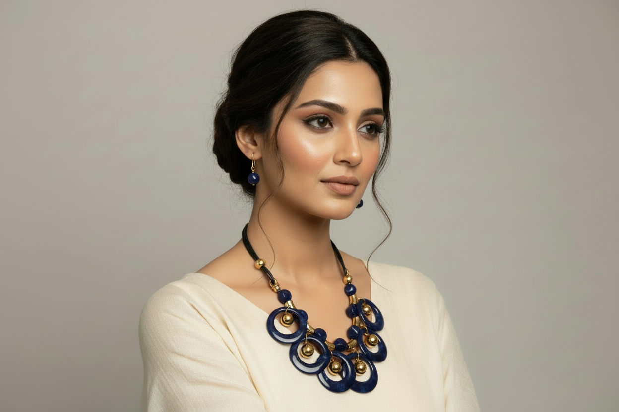 Navy Blue and Gold Jewelry Set - Clear Necklace Three-Quarter