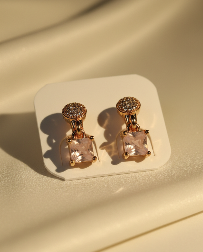 Rose Gold Pink Square Drop Earrings