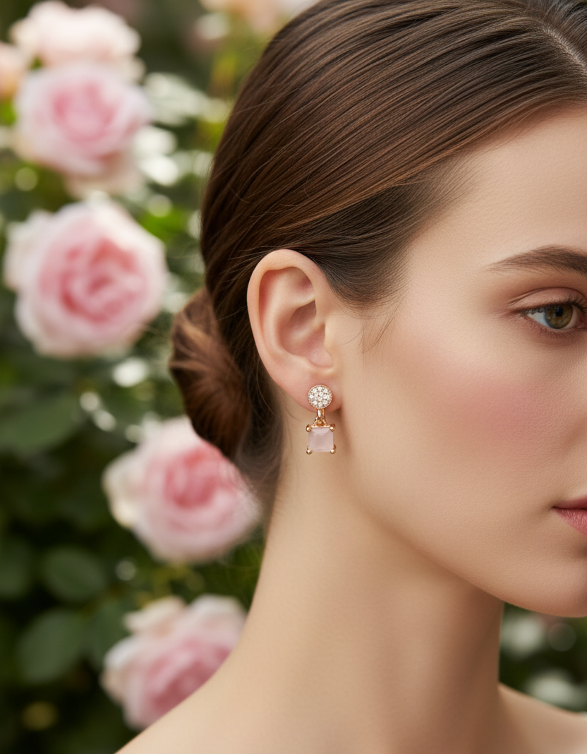 Rose Gold Pink Square Drop Earrings