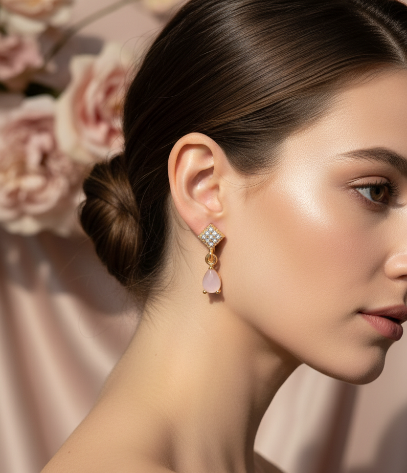 Rose Pink Teardrop Gold-Plated Drop Earrings