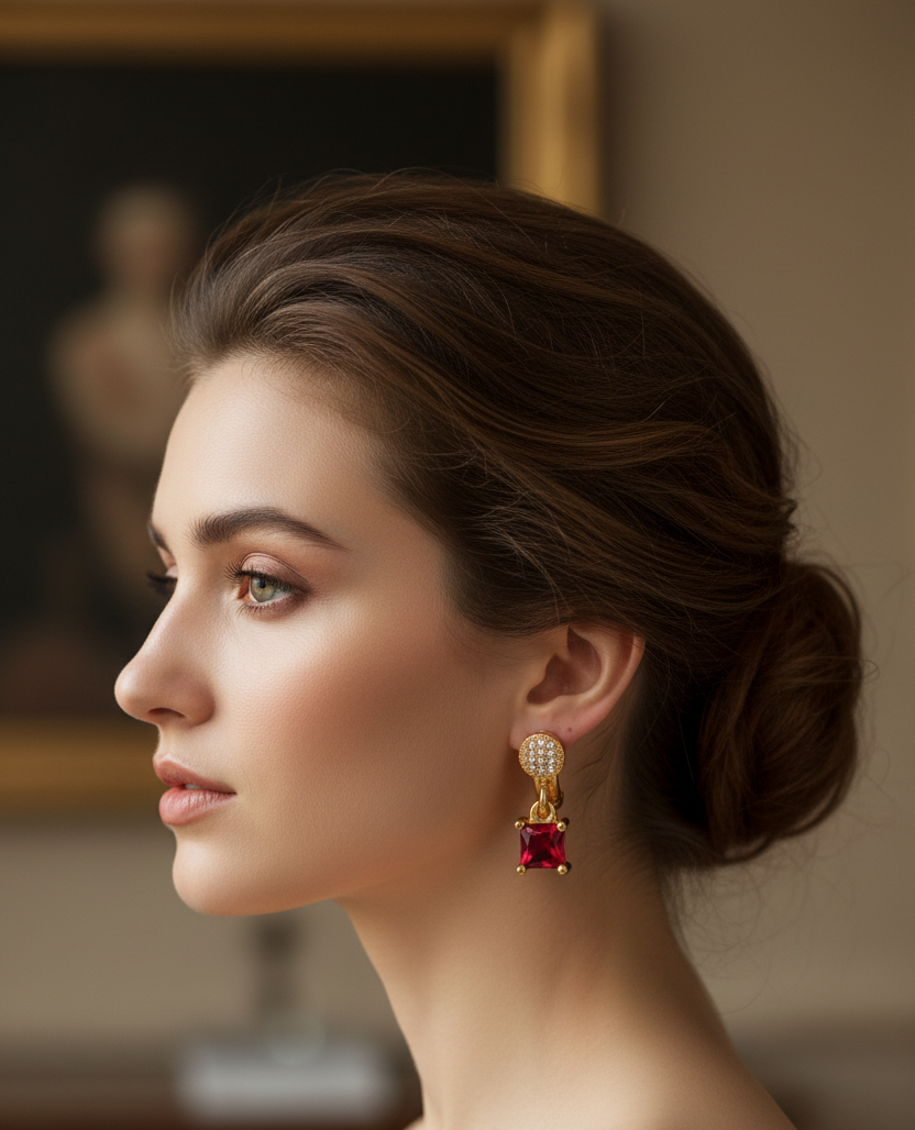 Ruby Red Square Gold-Plated Drop Earrings