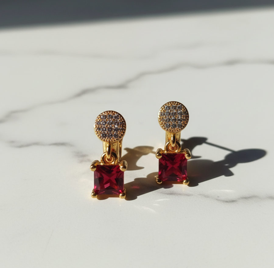 Ruby Red Square Gold-Plated Drop Earrings