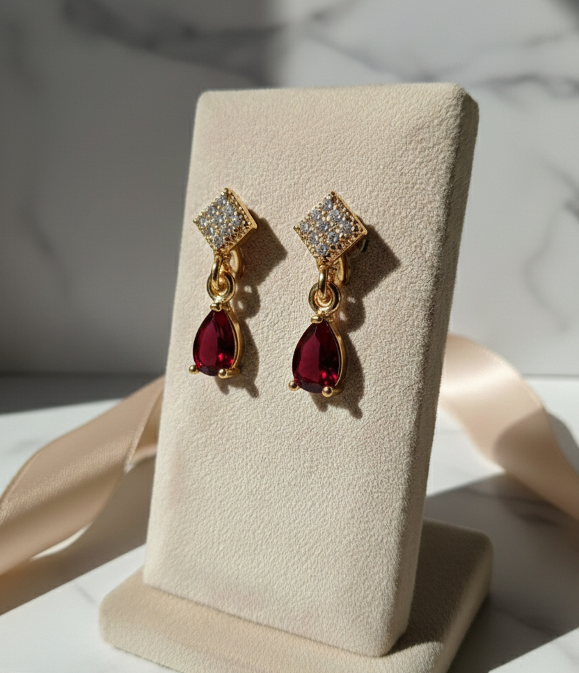 Ruby Red Teardrop Gold-Plated Drop Earrings