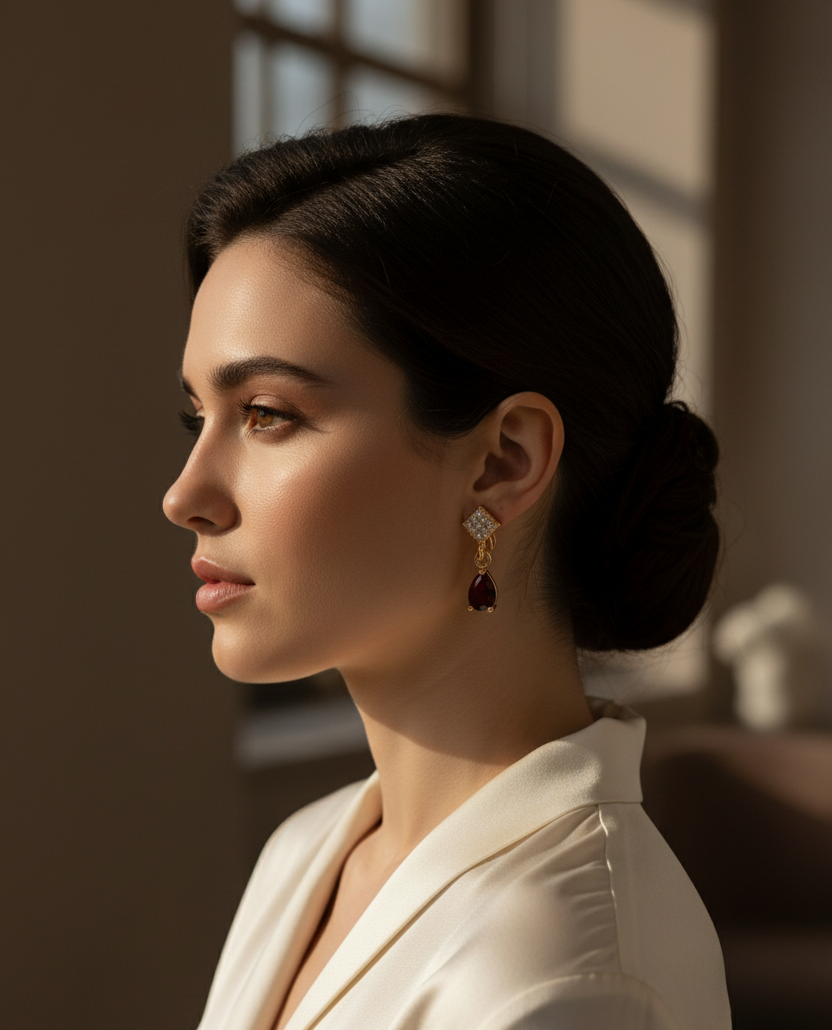 Ruby Red Teardrop Gold-Plated Drop Earrings