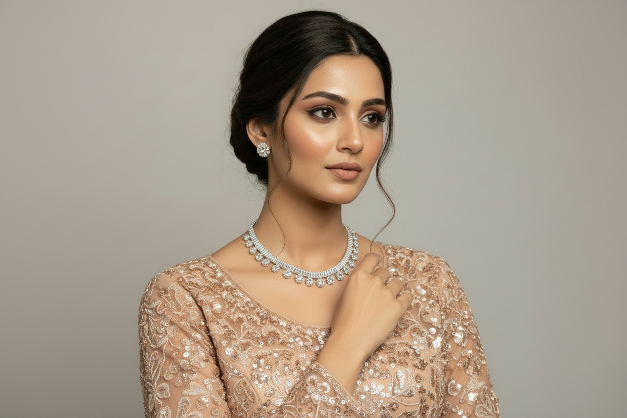 Silver Crystal Jewelry Set - Party Wear Front View