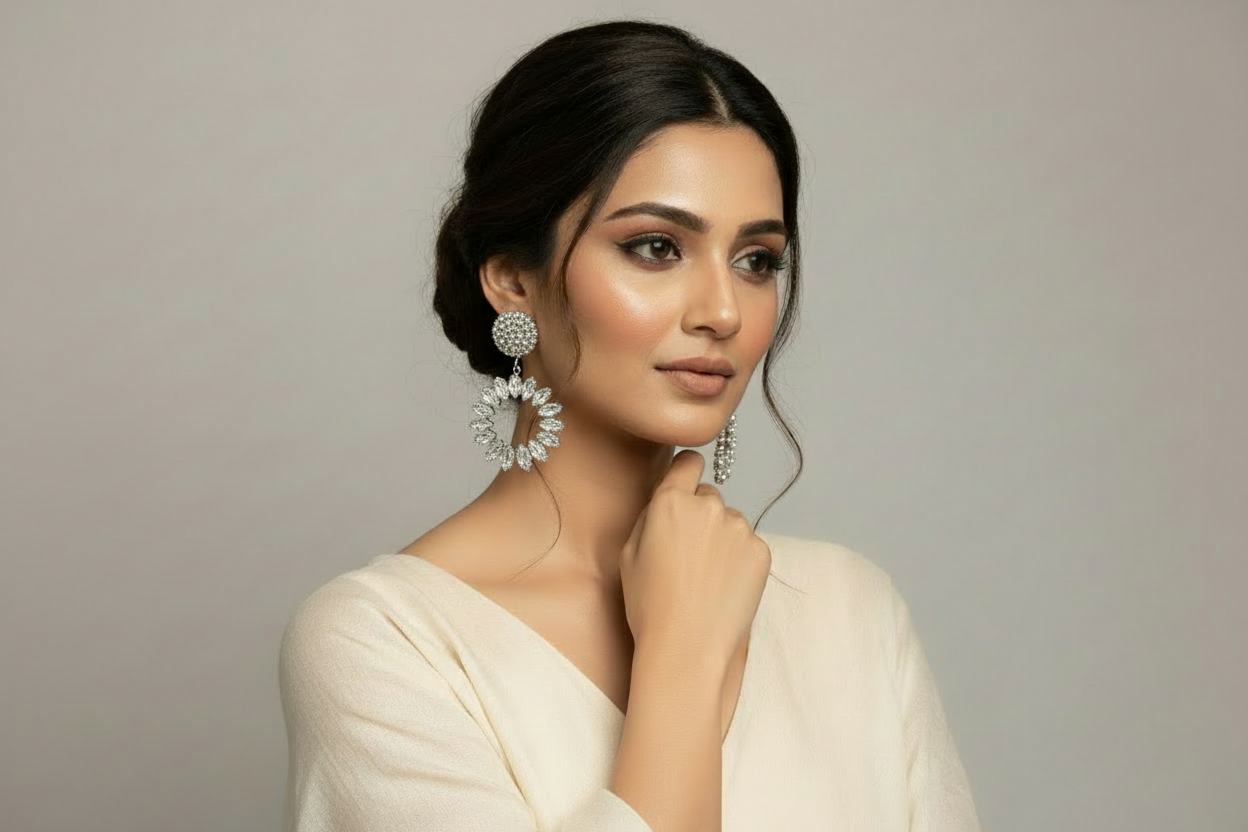 Silver Crystal Wreath Earrings on Permanent Model