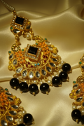 Traditional Gold-Plated Jewelry Set - Earrings & Maang Tikka with Black Pearls