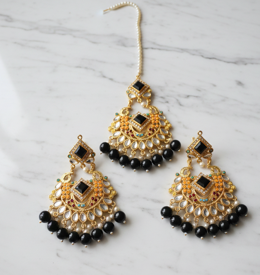 Traditional Gold-Plated Jewelry Set - Earrings & Maang Tikka with Black Pearls